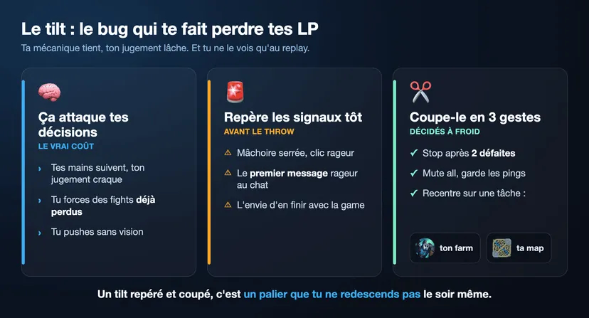 Infographie du tilt sur LoL : la spirale de la loss streak, les signaux d'alerte à reconnaître et les trois réflexes pour couper le tilt avant de throw