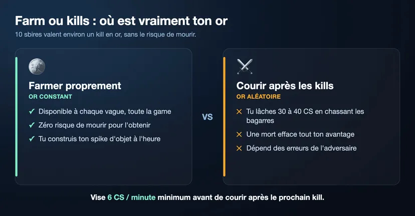 Infographie comparant le farm constant (or sûr à chaque vague, sans risque) et la chasse aux kills (or aléatoire, risque de mort), avec un objectif de 6 CS par minute