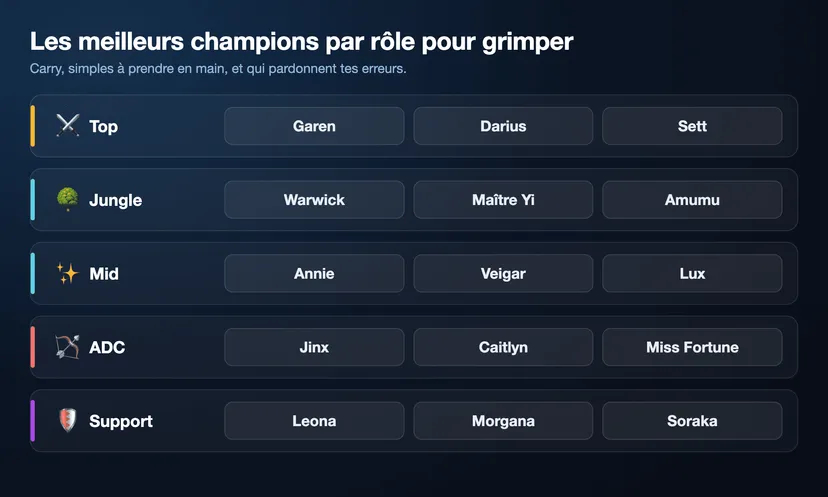 Tableau des meilleurs champions pour monter en SoloQ par rôle : Top (Garen, Darius, Sett), Jungle (Warwick, Maître Yi, Amumu), Mid (Annie, Veigar, Lux), ADC (Jinx, Caitlyn, Miss Fortune), Support (Leona, Morgana, Soraka)