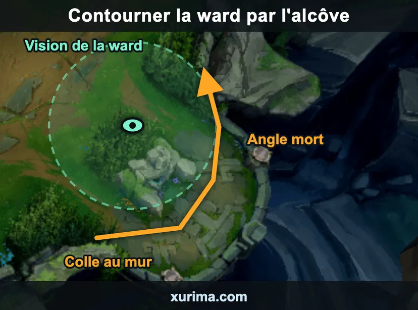 Carte du coin bot montrant le chemin qui longe le mur par l'alcôve pour contourner la zone de vision de la ward et arriver derrière le duo adverse